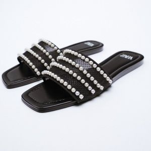 Zara Pearl Mesh Slide Sandals Black Rhinestone Flats Size 42